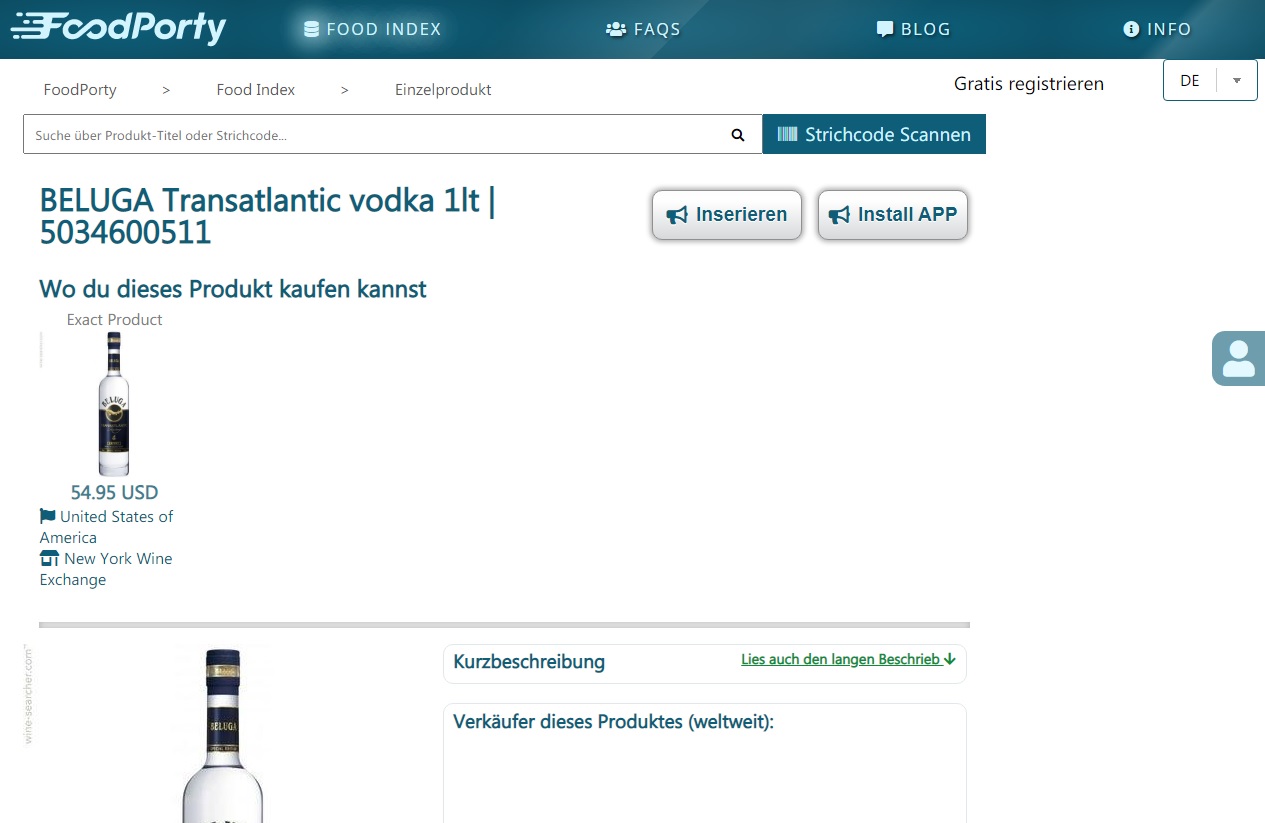 Beluga Vodka aus dem Food Index