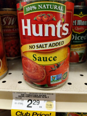 HUNTS No Salt Added Tomato Sauce, 15 OZ - 0027000852507
