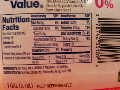 Great value, fat free milk - 0078742351896