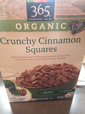365 everyday value, organic crunchy cinnamon squares cereal - 0099482448646