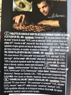 Tablette de chocolat noir fourrée au caramel à la fleur de sel - 3760077181923