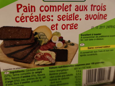 Pain complet aux trois céréales: seigle, avoine et orge - 4000446001735
