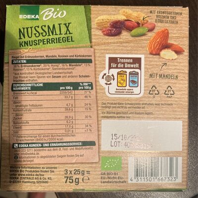 EDEKA Bio Knusperriegel Nussmix 3ST 75G - 4311501667323