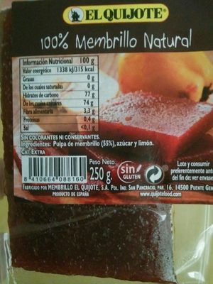 Membrillo natural 100% sin gluten envase 250 g - 8410664088160