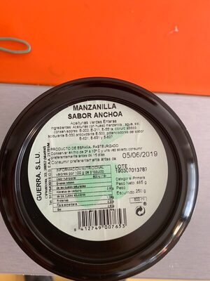 Aceituna manzanilla con hueso sabor anchoa envase 250 g - 8412749007653