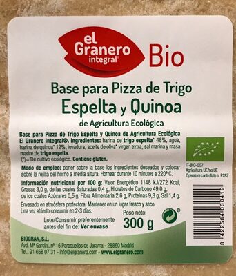 Base para Pizza de trigo Espelta y quinoa - 8422584030419
