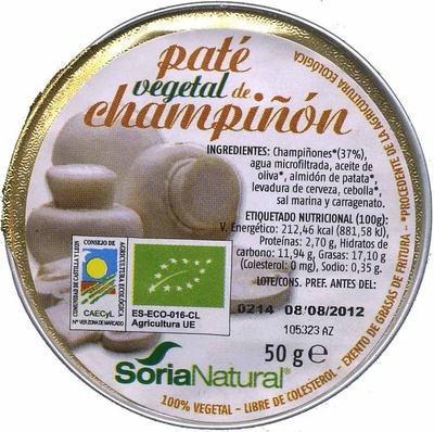 Paté vegetal ecológico con champiñones - 8422947520229