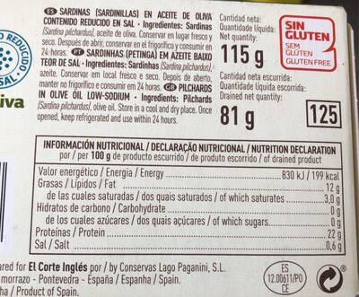 Sardinillas aceite de oliva sin gluten contenido reducido sal - 8433329084789
