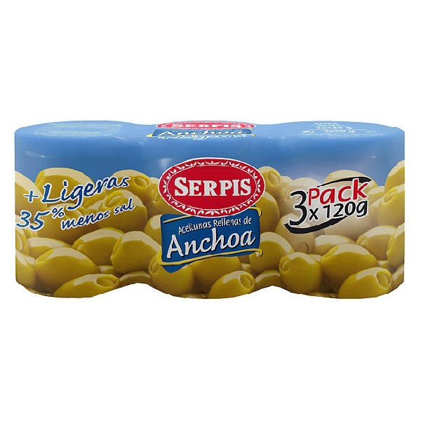 Aceitunas rellenas de anchoa + ligeras 35% menos sal pack 3 envases 50 g - 8410344111270