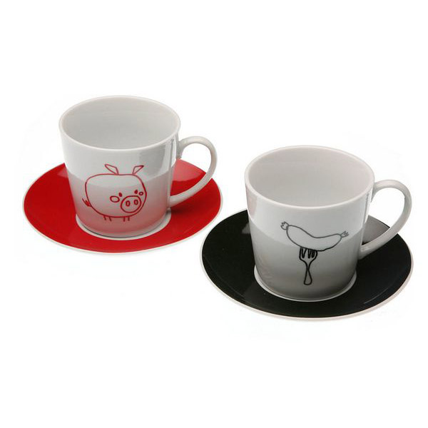 Set of 2 Cups with Plate Black/Red - set