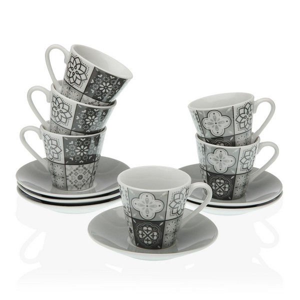 Set of Mugs with Saucers Coffee Mosaic Grey Porcelain (6 pcs) - set