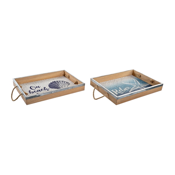 Tray DKD Home Decor Rope MDF Wood (2 pcs) - tray