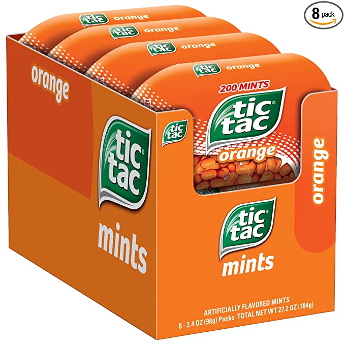  Tic Tac Fresh Breath Mints, Orange, Bulk Hard Candy Mints, 3.4 oz Bottle Packs, 8 Count  - 689394668609