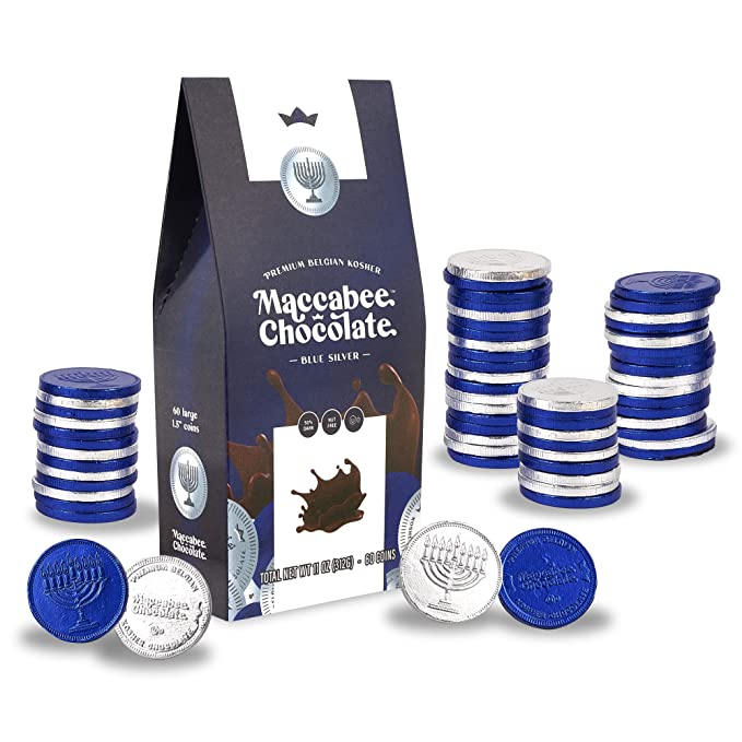 Maccabee Belgian-Chocolate Hanukkah Gelt Coins Kosher Nut-free in a Gift Pack Contains 60 Large Coins (1 Pack Cont. 60 Dark Choc. Coins in Blue/Silver) - 011318115379