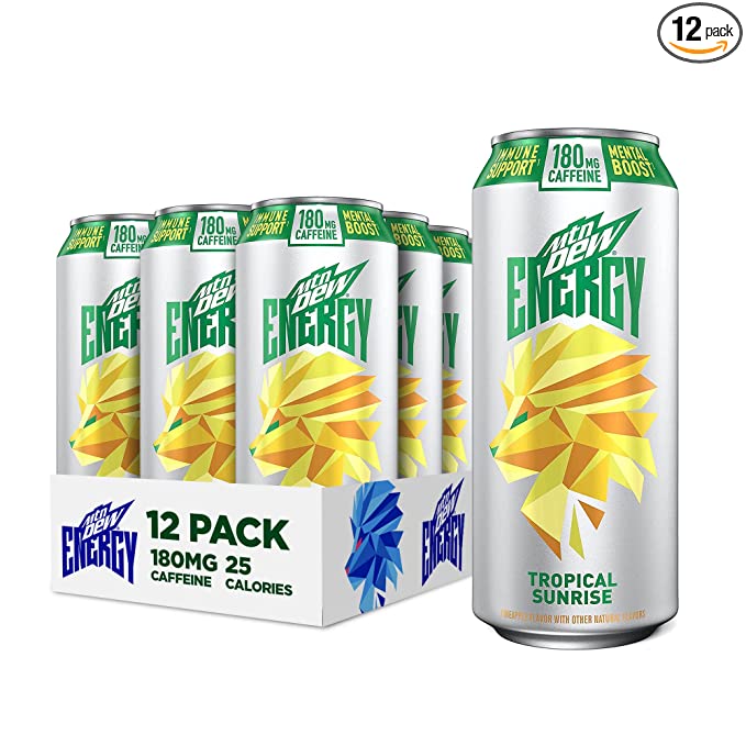  MTN DEW ENERGY, Tropical Sunrise, 16oz Cans (12 Pack), 0g added sugar, 5% juice, Zinc to help support immune function, Citicoline and caffeine for mental boost*, Antioxidants Vitamins A&C  - 012000210297