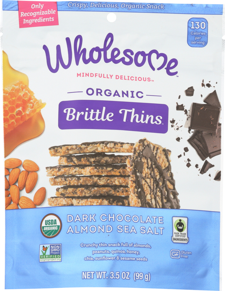 WHOLESOME: Organic Dark Chocolate Almond Sea Salt Brittle Thins, 3.5 oz - 0012511832087