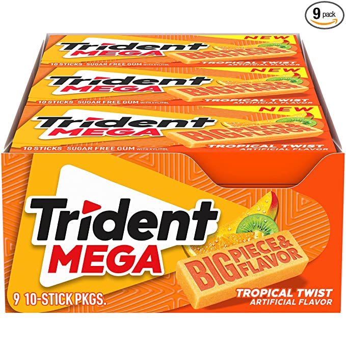 Trident Mega Tropical Twist Sugar Free Gum, 9 packs of 10 Pieces (90 total pieces) - 012546014786