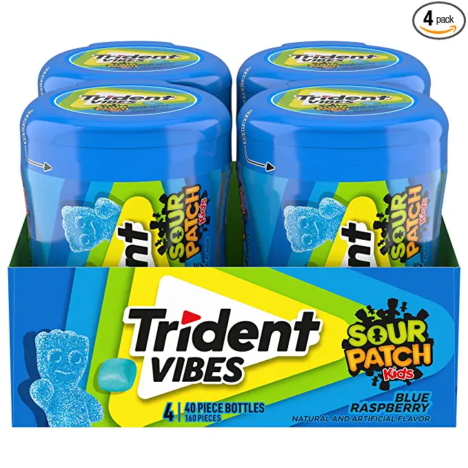  Trident Vibes SOUR PATCH KIDS Blue Raspberry Sugar Free Gum, 4 - 40 Piece Bottles (160 Total Pieces)  - 012546014939