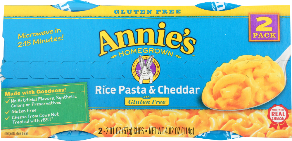 ANNIES HOMEGROWN: Rice Pasta & Cheddar Gluten Free Microwavable Mac & Cheese Cup 2 Pack, 4.02 oz - 0013562000579