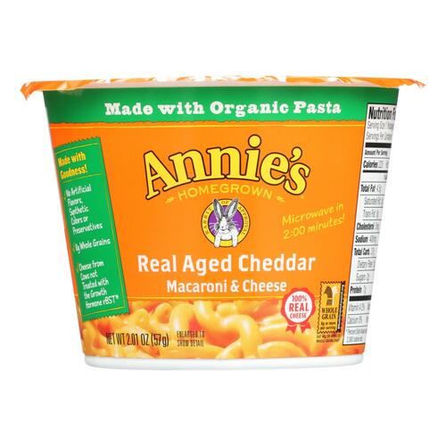 ANNIE’S HOMEGROWN: Real Aged Cheddar Microwavable Macaroni & Cheese Cup, 2.01 oz - 0013562000586
