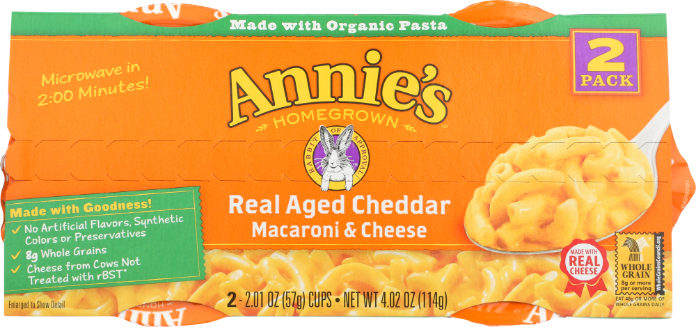 ANNIE’S HOMEGROWN: Real Aged Cheddar Microwavable Macaroni & Cheese Cup 2 Pack, 4.02 oz - 0013562000593