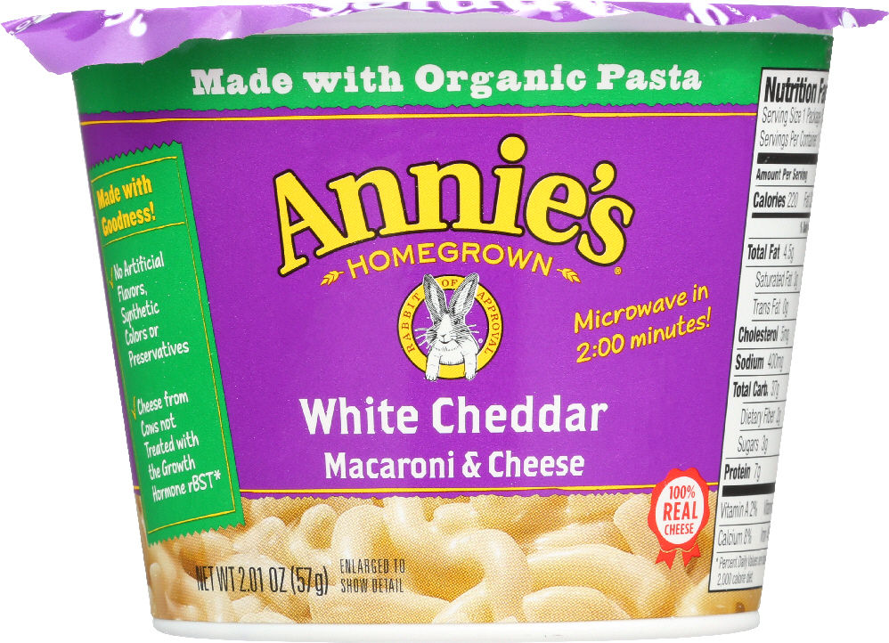 ANNIE’S HOMEGROWN: White Cheddar Microwavable Macaroni & Cheese Cup, 2.01 Oz - 0013562000609