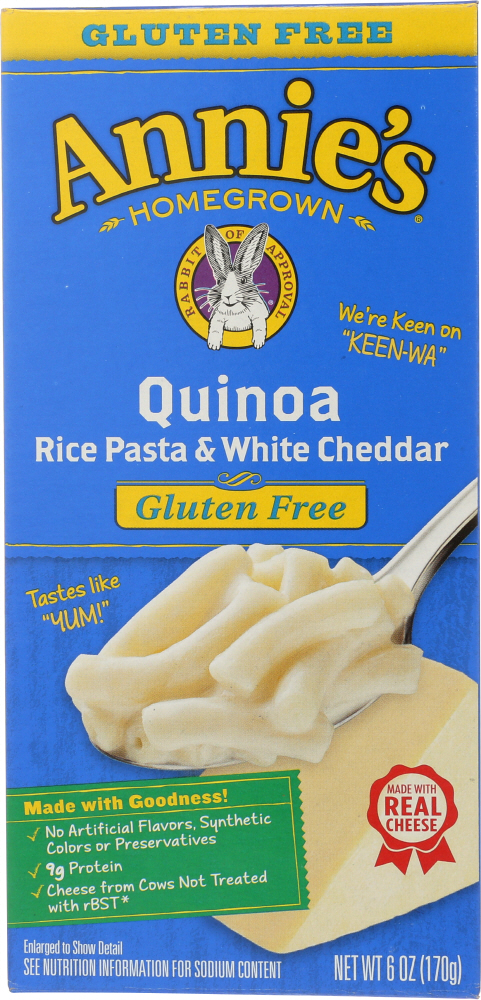 Annie'S Homegrown Gluten Free Quinoa Rice Pasta & White Cheddar - 00013562002573