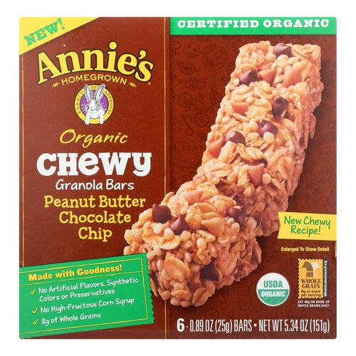 ANNIES HOMEGROWN: Organic Chewy Granola Bars Peanut Butter Chocolate Chip 6 pk, 5.34 oz - 0013562002627