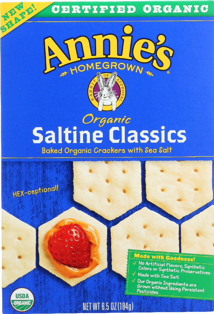 ANNIE’S HOMEGROWN: Organic Saltine Classics Baked Organic Crackers with Sea Salt, 6.5 oz - 0013562111206