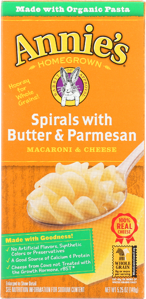 ANNIES HOMEGROWN: Macaroni & Cheese Spirals with Butter & Parmesan, 6 oz - 0013562300143