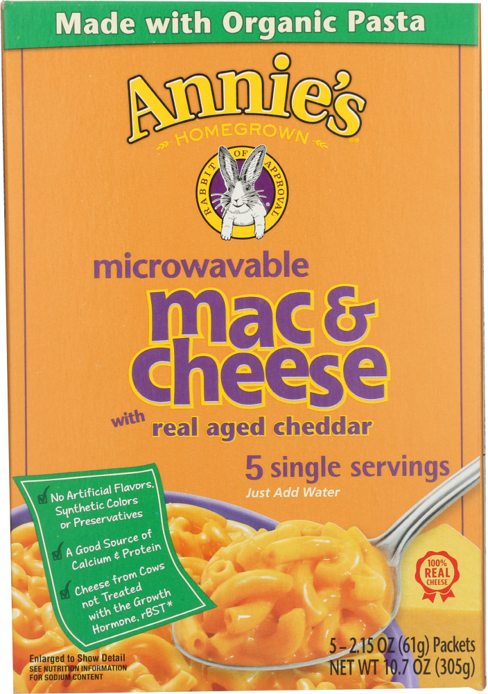 Annie'S Homegrown Microwavable Real Aged Cheddar Macaroni & Cheese 5 Pack, Made With Organic Pasta - 00013562300921