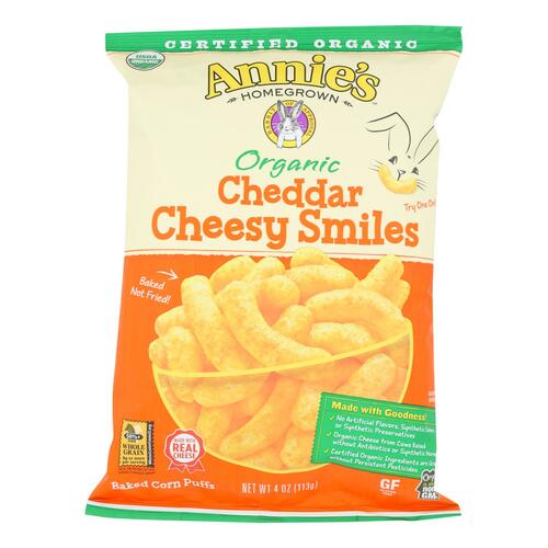 Annie'S Organic Cheddar Cheesy Smiles, Baked Puffed Corn - 00013562496587