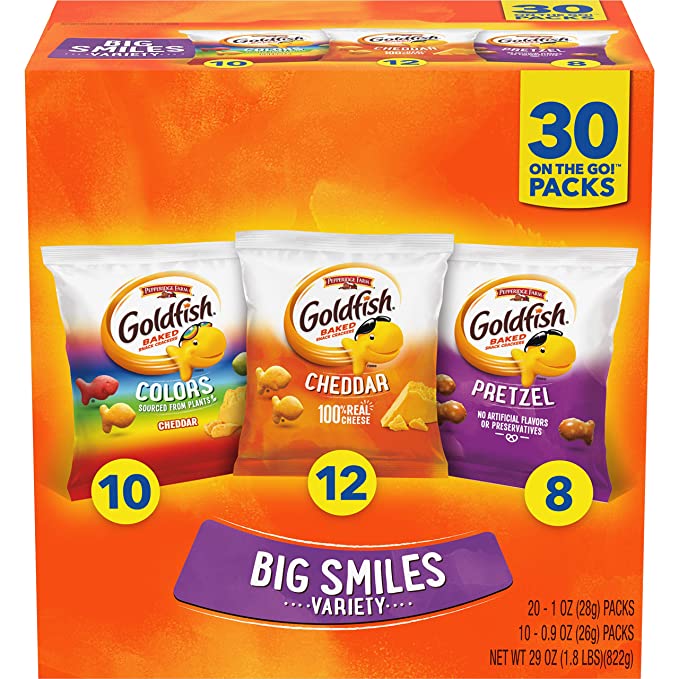  Goldfish Crackers Big Smiles with Cheddar, Colors, and Pretzel Crackers, Snack Packs, 30 CT Variety Pack Box - 014100047148