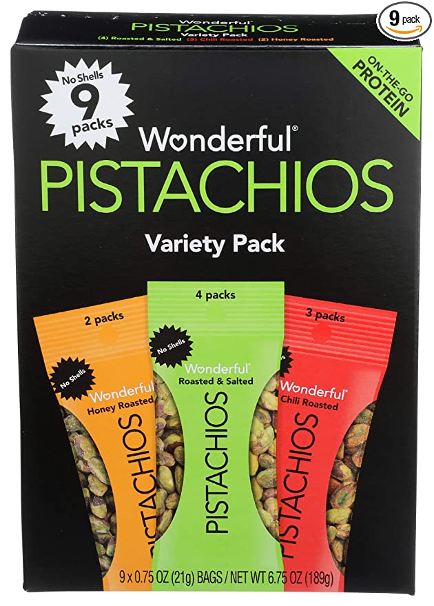  Wonderful Pistachios, No Shells, 3 Flavors Variety Pack of 9 (0.75 Ounce), Protein Powered, Carb-Friendly, Gluten Free, On-the Go-Snack  - 014113700245