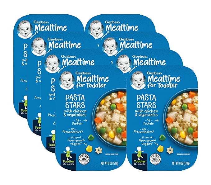  Gerber Mealtime for Toddler Pasta Stars with Chicken & Vegetables, Toddler Meal Made with No Preservatives, Just Heat & Serve, 6-Ounce Tray (Pack of 8)  - 885169588503