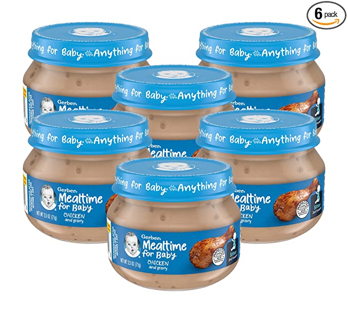 Gerber Mealtime for Baby 2nd Foods Baby Food Jar, Chicken & Gravy, Non-GMO Pureed Baby Food with Essential Nutrients, 2.5-Ounce Glass Jar (Pack of 6 Jars) - 015000012120