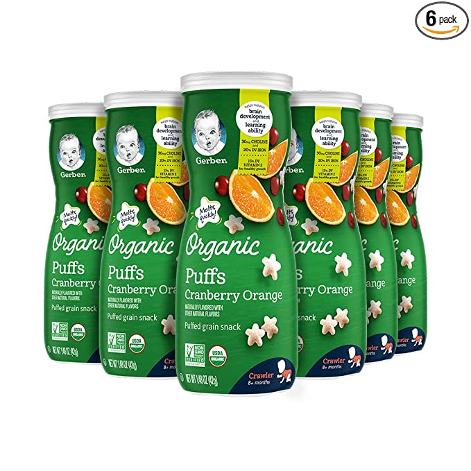  Gerber Baby Snacks Organic Puffs, Cranberry Orange, 1.48 Ounce (Pack of 6)  - 015000045647