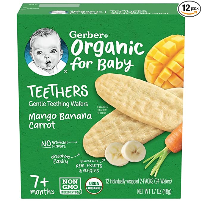Gerber Snacks for Baby Teethers, Organic Gentle Teething Wafers, Mango Banana Carrot, 1.7 Ounce, 12 Count Box - 015000049669