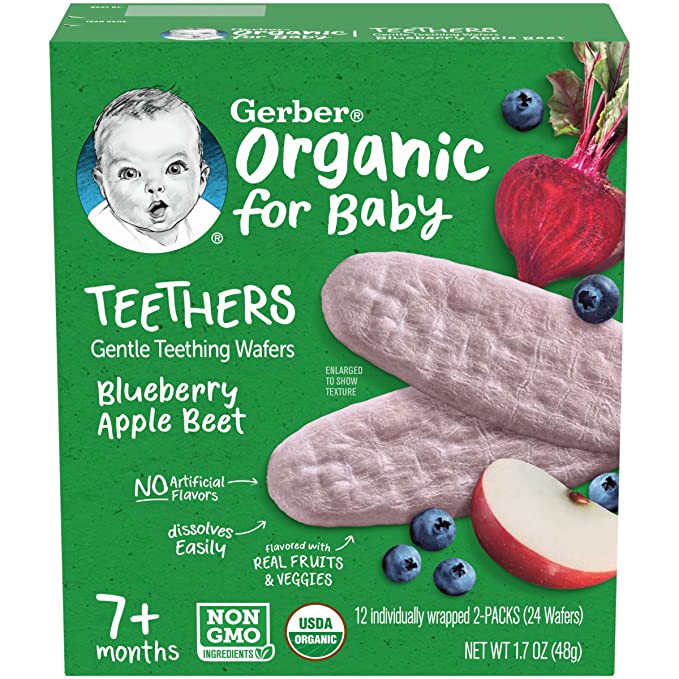 Gerber Snacks for Baby Teethers, Organic Gentle Teething Wafers, Blueberry Apple Beet, 1.7 Ounce, 12 Count Box - 015000049683