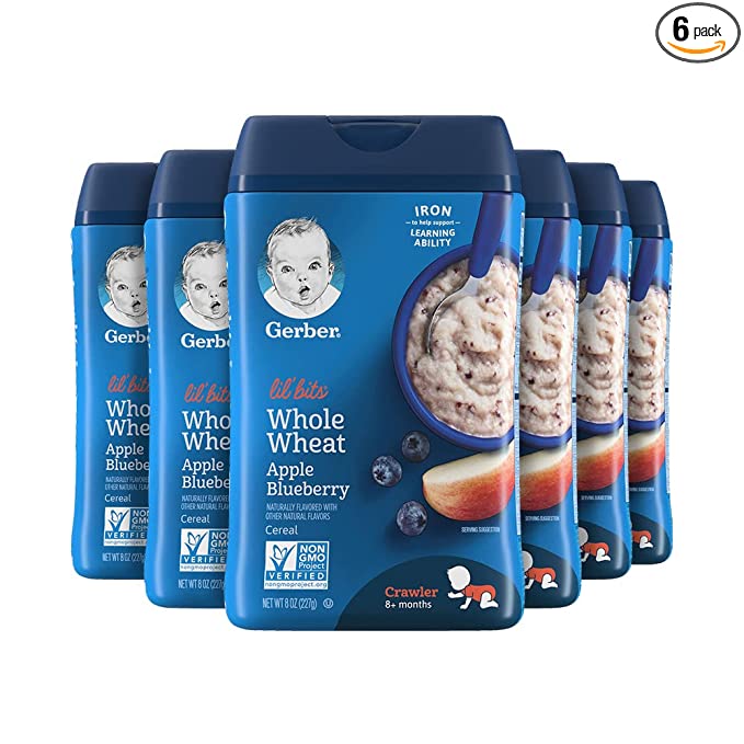 Gerber Lil Bits Whole Wheat Apple Blueberry Baby Cereal, 8 Oz , Pack of 6 - 015000070342