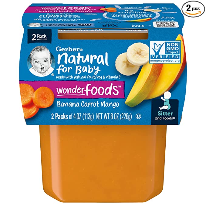 Gerber Baby Food 2nd Foods Blends, Banana Carrot Mango Puree, Wonderfoods, Natural & Non-GMO, 4 Ounce Tubs, 2-Pack - 015000076818