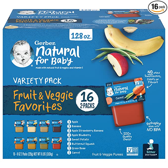 Gerber Baby Food 2nd Foods Variety Pack, Fruit & Veggie Puree Favorites, 8 Ounce Tubs, 2-Pack (Pack of 16) - 015000186739