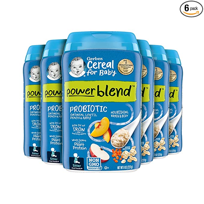  Gerber Baby Cereal 2nd Foods Probiotic, Powerblend, Oatmeal Lentil Peach Apple, 8 Ounce (Pack of 6)  - 015000070090
