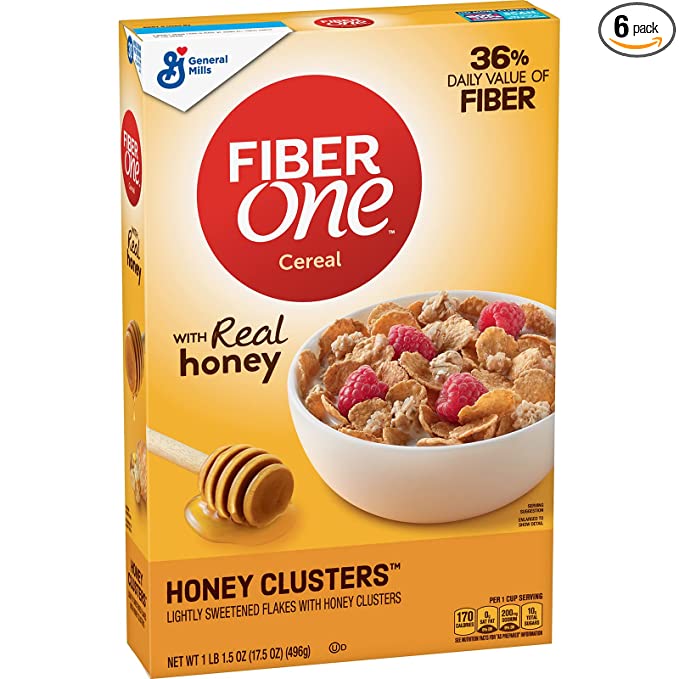  Fiber One Breakfast Cereal, Honey Clusters, High Fiber, Whole Grains, 17.5 oz (Pack of 6) - 016000157651