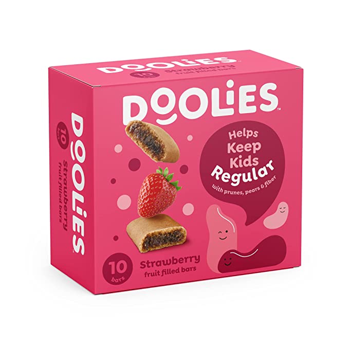 Doolies Tummy-Friendly | Good Source of Fiber | Strawberry Fruit-Filled Bar for Children & Kids Helps Maintain Regularity - 10 Pack - 016000189256