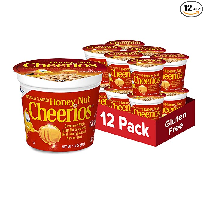  Honey Nut Cheerios Heart Healthy Cereal in a Cup, Gluten Free Cereal with Whole Grain Oats, Single Serve Cereal Cups, 1.8 oz (Pack of 12) - 016000296039