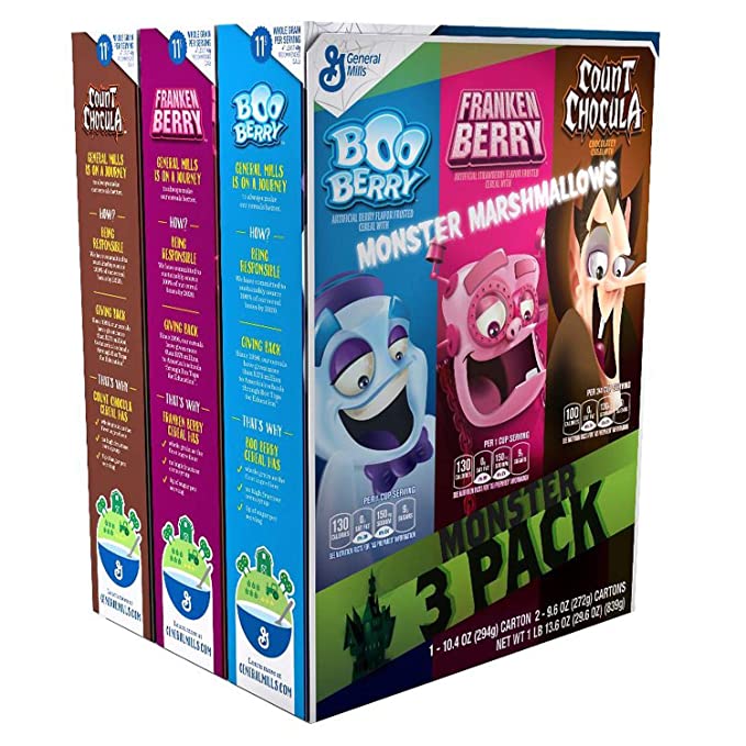 General Mills Monster Cereal 3-Pack with Monster Marshmallows(Boo Berry, Franken Berry, Count Chocula) 29.6 Ounce - 016000496910