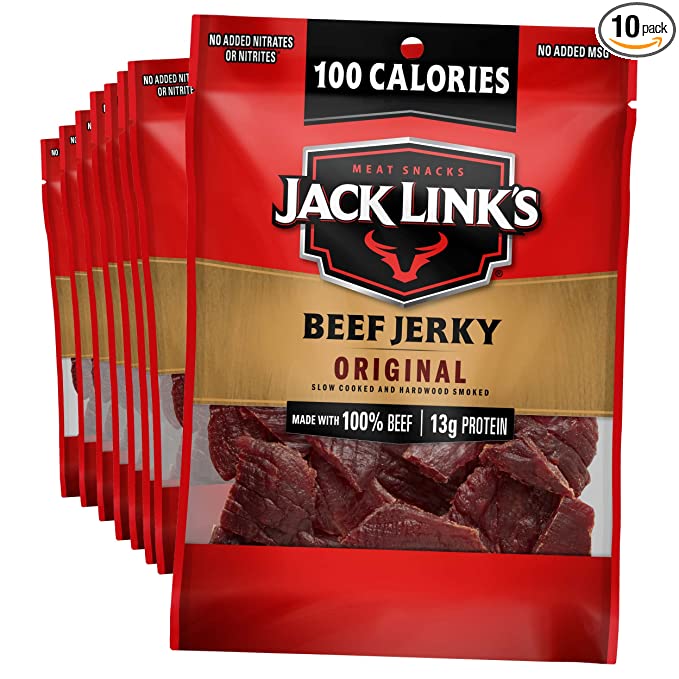  Jack Link's Beef Jerky, Original - Flavorful Meat Snack for Lunches, 13g Protein and 100 Calories, Made with 100% Beef - No Added MSG** or Nitrates/Nitrites, 1.25 oz (Pack of 10)  - 017082877468