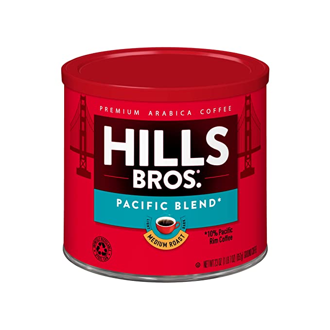 Hills Bros Pacific Blend Ground Coffee, Medium Roast Coffee, 23 Oz. Can - Rare Coffee Beans from the Pacific Tropics, Smooth and Slightly Sweet Flavor - 018400420045