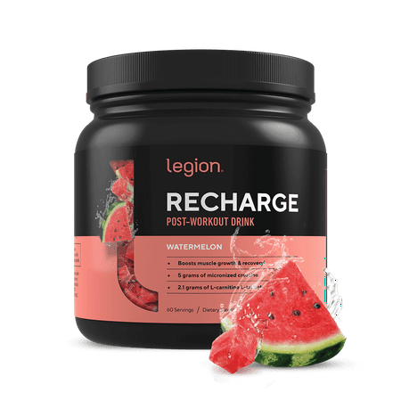 Legion Recharge Post Workout Supplement - All Natural Muscle Builder & Recovery Drink with Creatine Monohydrate. Naturally Sweetened & Flavored, Safe & Healthy. Watermelon, 60 Servings. - 019962009457